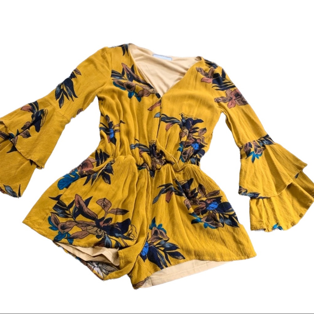 mustard floral long sleeve shorts romper